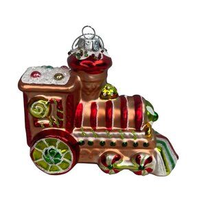 Dillards NWT Glass Blown Gingerbread Train Christmas Ornament Red & Gold